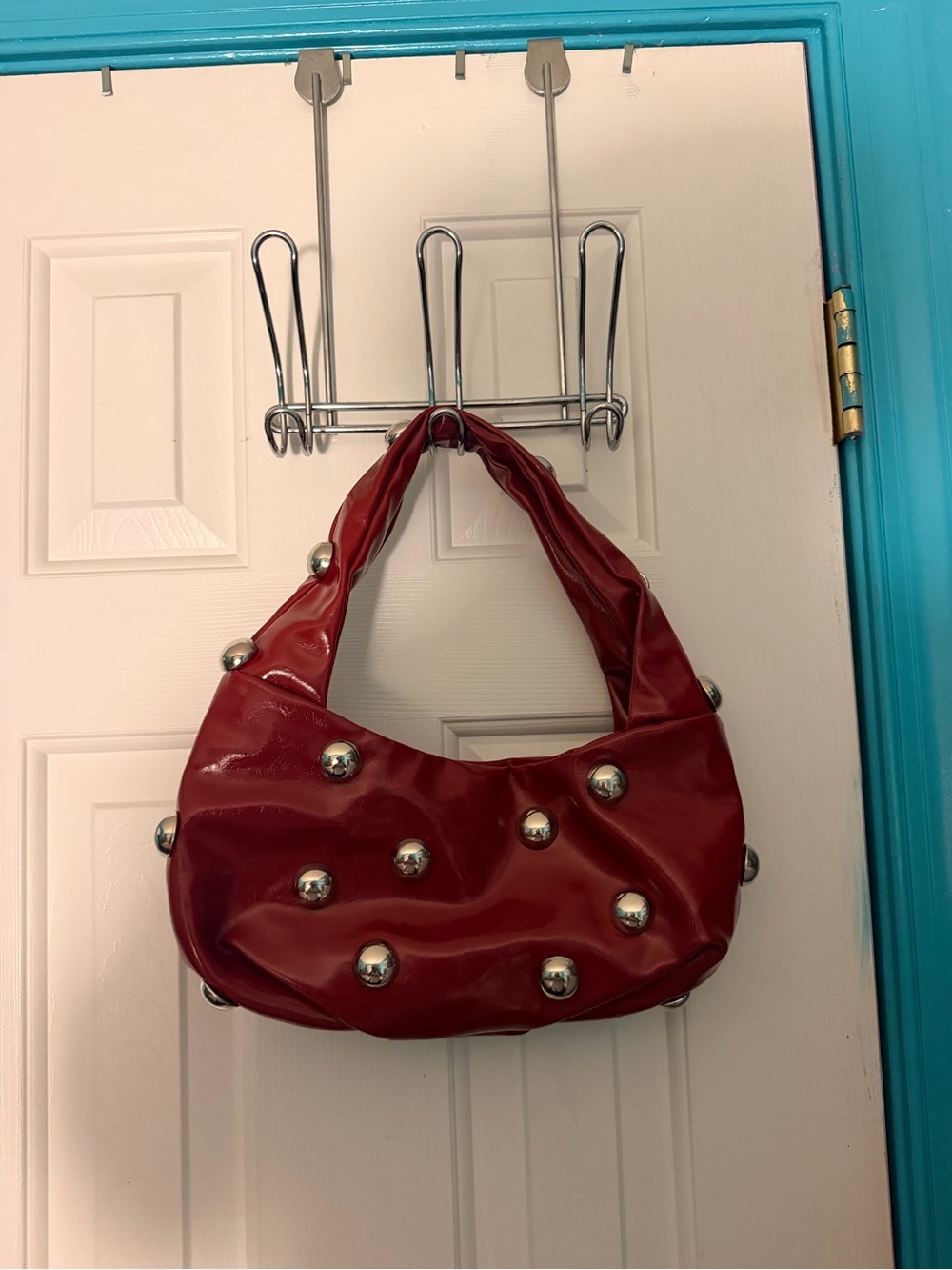 Red Studded Shoulder Bag - Women